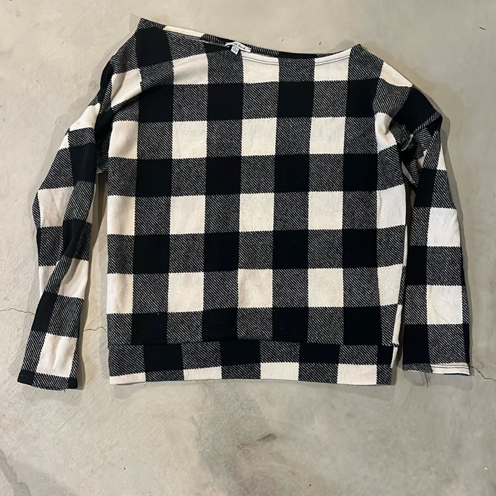 Off shoulder Buffalo plaid shirt.